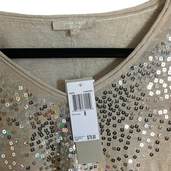 Joan Vass Tan Sequin Long Sleeve Blouse - Picture 3 of 8